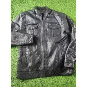 Buckle Black Jacket Mens L Black Faux Leather Motorcycle Zip Front Lined Pockets
